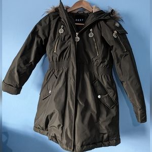 NEW DKNY Army Green Utility Faux Fur hood jacket